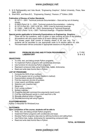21
5. N S Parthasarathy and Vela Murali, “Engineering Graphics”, Oxford University, Press, New
Delhi, 2015.
6. Shah M.B., and Rana B.C., “Engineering Drawing”, Pearson, 2nd
Edition, 2009.
Publication of Bureau of Indian Standards:
1. IS 10711 – 2001: Technical products Documentation – Size and lay out of drawing
sheets.
2. IS 9609 (Parts 0 & 1) – 2001: Technical products Documentation – Lettering.
3. IS 10714 (Part 20) – 2001 & SP 46 – 2003: Lines for technical drawings.
4. IS 11669 – 1986 & SP 46 – 2003: Dimensioning of Technical Drawings.
5. IS 15021 (Parts 1 to 4) – 2001: Technical drawings – Projection Methods.
Special points applicable to University Examinations on Engineering Graphics:
1. There will be five questions, each of either or type covering all units of the syllabus.
2. All questions will carry equal marks of 20 each making a total of 100.
3. The answer paper shall consist of drawing sheets of A3 size only. The
students will be permitted to use appropriate scale to fit solution within A3 size.
4. The examination will be conducted in appropriate sessions on the same day
GE8161 PROBLEM SOLVING AND PYTHON PROGRAMMING L T P C
LABORATORY 0 0 4 2
OBJECTIVES:
 To write, test, and debug simple Python programs.
 To implement Python programs with conditionals and loops.
 Use functions for structuring Python programs.
 Represent compound data using Python lists, tuples, dictionaries.
 Read and write data from/to files in Python.
LIST OF PROGRAMS
1. Compute the GCD of two numbers.
2. Find the square root of a number (Newton’s method)
3. Exponentiation (power of a number)
4. Find the maximum of a list of numbers
5. Linear search and Binary search
6. Selection sort, Insertion sort
7. Merge sort
8. First n prime numbers
9. Multiply matrices
10. Programs that take command line arguments (word count)
11. Find the most frequent words in a text read from a file
12. Simulate elliptical orbits in Pygame
13. Simulate bouncing ball using Pygame
PLATFORM NEEDED
Python 3 interpreter for Windows/Linux
OUTCOMES:
Upon completion of the course, students will be able to
 Write, test, and debug simple Python programs.
 Implement Python programs with conditionals and loops.
 Develop Python programs step-wise by defining functions and calling them.
 Use Python lists, tuples, dictionaries for representing compound data.
 Read and write data from/to files in Python.
TOTAL :60 PERIODS
www.padeepz.net
www.padeepz.net
w
w
w
.padeepz.net
 