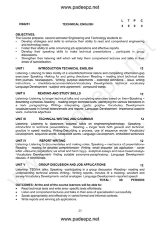 23
HS8251 TECHNICAL ENGLISH
L T P C
4 0 0 4
OBJECTIVES:
The Course prepares second semester Engineering and Technology students to:
• Develop strategies and skills to enhance their ability to read and comprehend engineering
and technology texts.
• Foster their ability to write convincing job applications and effective reports.
• Develop their speaking skills to make technical presentations , participate in group
discussions.
• Strengthen their listening skill which will help them comprehend lectures and talks in their
areas of specialisation.
UNIT I INTRODUCTION TECHNICAL ENGLISH 12
Listening- Listening to talks mostly of a scientific/technical nature and completing information-gap
exercises- Speaking –Asking for and giving directions- Reading – reading short technical texts
from journals- newsapapers- Writing- purpose statements – extended definitions – issue- writing
instructions – checklists-recommendations-Vocabulary Development- technical vocabulary
Language Development –subject verb agreement - compound words.
UNIT II READING AND STUDY SKILLS 12
Listening- Listening to longer technical talks and completing exercises based on them-Speaking –
describing a process-Reading – reading longer technical texts- identifying the various transitions in
a text- paragraphing- Writing- interpreting cgarts, graphs- Vocabulary Development-
vocabularyused in formal letters/emails and reports Language Development- impersonal passive
voice, numerical adjectives.
UNIT III TECHNICAL WRITING AND GRAMMAR 12
Listening- Listening to classroom lectures/ talkls on engineering/technology -Speaking –
introduction to technical presentations- Reading – longer texts both general and technical,
practice in speed reading; Writing-Describing a process, use of sequence words- Vocabulary
Development- sequence words- Misspelled words. Language Development- embedded sentences
UNIT IV REPORT WRITING 12
Listening- Listening to documentaries and making notes. Speaking – mechanics of presentations-
Reading – reading for detailed comprehension- Writing- email etiquette- job application – cover
letter –Résumé preparation( via email and hard copy)- analytical essays and issue based essays-
-Vocabulary Development- finding suitable synonyms-paraphrasing-. Language Development-
clauses- if conditionals.
UNIT V GROUP DISCUSSION AND JOB APPLICATIONS 12
Listening- TED/Ink talks; Speaking –participating in a group discussion -Reading– reading and
understanding technical articles Writing– Writing reports- minutes of a meeting- accident and
survey-Vocabulary Development- verbal analogies Language Development- reported speech
TOTAL : 60 PERIODS
OUTCOMES: At the end of the course learners will be able to:
 Read technical texts and write area- specific texts effortlessly.
 Listen and comprehend lectures and talks in their area of specialisation successfully.
 Speak appropriately and effectively in varied formal and informal contexts.
 Write reports and winning job applications.
www.padeepz.net
www.padeepz.net
w
w
w
.padeepz.net
 