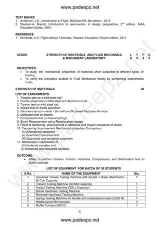 41
TEXT BOOKS
1. Anderson, J.D., Introduction to Flight, McGraw-Hill; 8th edition , 2015
2. Stephen.A. Brandt, Introduction to aeronautics: A design perspective, 2nd
edition, AIAA
Education Series, 2004.
REFERENCE
1. Kermode, A.C. Flight without Formulae, Pearson Education; Eleven edition, 2011
CE8381 STRENGTH OF MATERIALS AND FLUID MECHANICS
& MACHINERY LABORATORY
L
0
T
0
P
4
C
2
OBJECTIVES:
 To study the mechanical properties of materials when subjected to different types of
loading.
 To verify the principles studied in Fluid Mechanics theory by performing experiments
in lab.
STRENGTH OF MATERIALS 30
LIST OF EXPERIMENTS
1. Tension test on a mild steel rod
2. Double shear test on Mild steel and Aluminum rods
3. Torsion test on mild steel rod
4. Impact test on metal specimen
5. Hardness test on metals - Brinnell and Rockwell Hardness Number
6. Deflection test on beams
7. Compression test on helical springs
8. Strain Measurement using Rosette strain gauge
9. Effect of hardening- Improvement in hardness and impact resistance of steels.
10. Tempering- Improvement Mechanical properties Comparison
(i) Unhardened specimen
(ii) Quenched Specimen and
(iii) Quenched and tempered specimen.
11. Microscopic Examination of
(i) Hardened samples and
(ii) Hardened and tempered samples.
OUTCOME:
 Ability to perform Tension, Torsion, Hardness, Compression, and Deformation test on
Solid materials.
LIST OF EQUIPMENT FOR BATCH OF 30 STUDENTS
S.No. NAME OF THE EQUIPMENT Qty.
1 Universal Tensile Testing machine with double 1 shear attachment –
40 Ton Capacity
1
2 Torsion Testing Machine (60 NM Capacity) 1
3 Impact Testing Machine (300 J Capacity) 1
4 Brinell Hardness Testing Machine 1
5 Rockwell Hardness Testing Machine 1
6 Spring Testing Machine for tensile and compressive loads (2500 N) 1
7 Metallurgical Microscopes 3
8 Muffle Furnace (800 C) 1
www.padeepz.net
www.padeepz.net
w
w
w
.padeepz.net
 