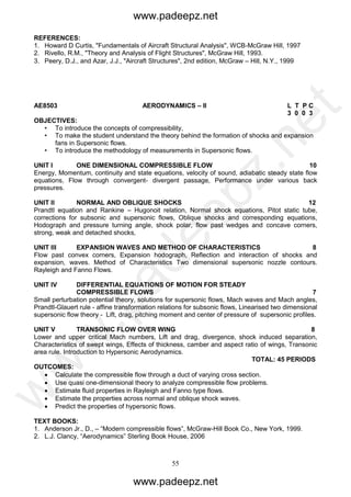55
REFERENCES:
1. Howard D Curtis, "Fundamentals of Aircraft Structural Analysis", WCB-McGraw Hill, 1997
2. Rivello, R.M., "Theory and Analysis of Flight Structures", McGraw Hill, 1993.
3. Peery, D.J., and Azar, J.J., "Aircraft Structures", 2nd edition, McGraw – Hill, N.Y., 1999
AE8503 AERODYNAMICS – II L T P C
3 0 0 3
OBJECTIVES:
• To introduce the concepts of compressibility,
• To make the student understand the theory behind the formation of shocks and expansion
fans in Supersonic flows.
• To introduce the methodology of measurements in Supersonic flows.
UNIT I ONE DIMENSIONAL COMPRESSIBLE FLOW 10
Energy, Momentum, continuity and state equations, velocity of sound, adiabatic steady state flow
equations, Flow through convergent- divergent passage, Performance under various back
pressures.
UNIT II NORMAL AND OBLIQUE SHOCKS 12
Prandtl equation and Rankine – Hugonoit relation, Normal shock equations, Pitot static tube,
corrections for subsonic and supersonic flows, Oblique shocks and corresponding equations,
Hodograph and pressure turning angle, shock polar, flow past wedges and concave corners,
strong, weak and detached shocks,
UNIT III EXPANSION WAVES AND METHOD OF CHARACTERISTICS 8
Flow past convex corners, Expansion hodograph, Reflection and interaction of shocks and
expansion, waves. Method of Characteristics Two dimensional supersonic nozzle contours.
Rayleigh and Fanno Flows.
UNIT IV DIFFERENTIAL EQUATIONS OF MOTION FOR STEADY
COMPRESSIBLE FLOWS 7
Small perturbation potential theory, solutions for supersonic flows, Mach waves and Mach angles,
Prandtl-Glauert rule - affine transformation relations for subsonic flows, Linearised two dimensional
supersonic flow theory - Lift, drag, pitching moment and center of pressure of supersonic profiles.
UNIT V TRANSONIC FLOW OVER WING 8
Lower and upper critical Mach numbers, Lift and drag, divergence, shock induced separation,
Characteristics of swept wings, Effects of thickness, camber and aspect ratio of wings, Transonic
area rule. Introduction to Hypersonic Aerodynamics.
TOTAL: 45 PERIODS
OUTCOMES:
 Calculate the compressible flow through a duct of varying cross section.
 Use quasi one-dimensional theory to analyze compressible flow problems.
 Estimate fluid properties in Rayleigh and Fanno type flows.
 Estimate the properties across normal and oblique shock waves.
 Predict the properties of hypersonic flows.
TEXT BOOKS:
1. Anderson Jr., D., – “Modern compressible flows”, McGraw-Hill Book Co., New York, 1999.
2. L.J. Clancy, “Aerodynamics” Sterling Book House, 2006
www.padeepz.net
www.padeepz.net
w
w
w
.padeepz.net
 