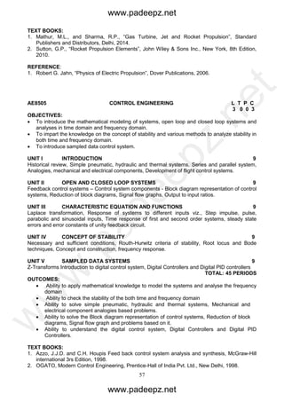 57
TEXT BOOKS:
1. Mathur, M.L., and Sharma, R.P., “Gas Turbine, Jet and Rocket Propulsion”, Standard
Publishers and Distributors, Delhi, 2014.
2. Sutton, G.P., “Rocket Propulsion Elements”, John Wiley & Sons Inc., New York, 8th Edition,
2010.
REFERENCE:
1. Robert G. Jahn, “Physics of Electric Propulsion”, Dover Publications, 2006.
AE8505 CONTROL ENGINEERING L T P C
3 0 0 3
OBJECTIVES:
 To introduce the mathematical modeling of systems, open loop and closed loop systems and
analyses in time domain and frequency domain.
 To impart the knowledge on the concept of stability and various methods to analyze stability in
both time and frequency domain.
 To introduce sampled data control system.
UNIT I INTRODUCTION 9
Historical review, Simple pneumatic, hydraulic and thermal systems, Series and parallel system,
Analogies, mechanical and electrical components, Development of flight control systems.
UNIT II OPEN AND CLOSED LOOP SYSTEMS 9
Feedback control systems – Control system components - Block diagram representation of control
systems, Reduction of block diagrams, Signal flow graphs, Output to input ratios.
UNIT III CHARACTERISTIC EQUATION AND FUNCTIONS 9
Laplace transformation, Response of systems to different inputs viz., Step impulse, pulse,
parabolic and sinusoidal inputs, Time response of first and second order systems, steady state
errors and error constants of unity feedback circuit.
UNIT IV CONCEPT OF STABILITY 9
Necessary and sufficient conditions, Routh-Hurwitz criteria of stability, Root locus and Bode
techniques, Concept and construction, frequency response.
UNIT V SAMPLED DATA SYSTEMS 9
Z-Transforms Introduction to digital control system, Digital Controllers and Digital PID controllers
TOTAL: 45 PERIODS
OUTCOMES:
 Ability to apply mathematical knowledge to model the systems and analyse the frequency
domain
 Ability to check the stability of the both time and frequency domain
 Ability to solve simple pneumatic, hydraulic and thermal systems, Mechanical and
electrical component analogies based problems.
 Ability to solve the Block diagram representation of control systems, Reduction of block
diagrams, Signal flow graph and problems based on it.
 Ability to understand the digital control system, Digital Controllers and Digital PID
Controllers.
TEXT BOOKS:
1. Azzo, J.J.D. and C.H. Houpis Feed back control system analysis and synthesis, McGraw-Hill
international 3rs Edition, 1998.
2. OGATO, Modern Control Engineering, Prentice-Hall of India Pvt. Ltd., New Delhi, 1998.
www.padeepz.net
www.padeepz.net
w
w
w
.padeepz.net
 