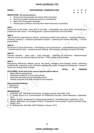 60
HS8581 PROFESSIONAL COMMUNICATION L T P C
0 0 2 1
OBJECTIVES: The course aims to:
 Enhance the Employability and Career Skills of students
 Orient the students towards grooming as a professional
 Make them Employable Graduates
 Develop their confidence and help them attend interviews successfully.
UNIT I
Introduction to Soft Skills-- Hard skills & soft skills - employability and career Skills—Grooming as a
professional with values—Time Management—General awareness of Current Affairs
UNIT II
Self-Introduction-organizing the material - Introducing oneself to the audience – introducing the topic –
answering questions – individual presentation practice–– presenting the visuals effectively – 5 minute
presentations
UNIT III
Introduction to Group Discussion— Participating in group discussions – understanding group dynamics
- brainstorming the topic -– questioning and clarifying –GD strategies- activities to improve GD skills
UNIT IV
Interview etiquette – dress code – body language – attending job interviews– telephone/skype
interview -one to one interview &panel interview – FAQs related to job interviews
UNIT V
Recognizing differences between groups and teams- managing time-managing stress- networking
professionally- respecting social protocols-understanding career management-developing a long-term
career plan-making career changes
TOTAL : 30 PERIODS
OUTCOMES: At the end of the course Learners will be able to:
• Make effective presentations
• Participate confidently in Group Discussions.
• Attend job interviews and be successful in them.
• Develop adequate Soft Skills required for the workplace
Recommended Software
1. Globearena
2. Win English
REFERENCES:
1. Butterfield, Jeff Soft Skills for Everyone. Cengage Learning: New Delhi, 2015
2. E. Suresh Kumar et al. Communication for Professional Success. Orient Blackswan: Hyderabad,
2015
3. Interact English Lab Manual for Undergraduate Students,. OrientBalckSwan: Hyderabad, 2016.
4. Raman, Meenakshi and Sangeeta Sharma. Professional Communication. Oxford University Press:
Oxford, 2014
5. S. Hariharanetal. Soft Skills. MJP Publishers: Chennai, 2010.
www.padeepz.net
www.padeepz.net
w
w
w
.padeepz.net
 