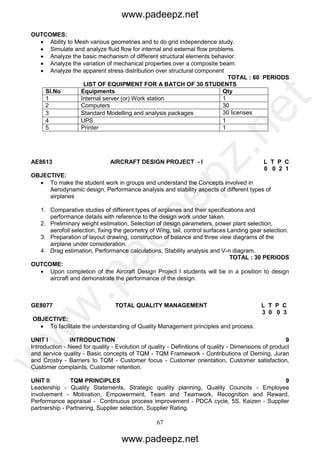 67
OUTCOMES:
 Ability to Mesh various geometries and to do grid independence study.
 Simulate and analyze fluid flow for internal and external flow problems.
 Analyze the basic mechanism of different structural elements behavior.
 Analyze the variation of mechanical properties over a composite beam.
 Analyze the apparent stress distribution over structural component
TOTAL : 60 PERIODS
LIST OF EQUIPMENT FOR A BATCH OF 30 STUDENTS
Sl.No Equipments Qty
1 Internal server (or) Work station 1
2 Computers 30
3 Standard Modelling and analysis packages 30 licenses
4 UPS 1
5 Printer 1
AE8613 AIRCRAFT DESIGN PROJECT - I L T P C
0 0 2 1
OBJECTIVE:
 To make the student work in groups and understand the Concepts involved in
Aerodynamic design, Performance analysis and stability aspects of different types of
airplanes
1. Comparative studies of different types of airplanes and their specifications and
performance details with reference to the design work under taken.
2. Preliminary weight estimation, Selection of design parameters, power plant selection,
aerofoil selection, fixing the geometry of Wing, tail, control surfaces Landing gear selection.
3. Preparation of layout drawing, construction of balance and three view diagrams of the
airplane under consideration.
4. Drag estimation, Performance calculations, Stability analysis and V-n diagram.
TOTAL : 30 PERIODS
OUTCOME:
 Upon completion of the Aircraft Design Project I students will be in a position to design
aircraft and demonstrate the performance of the design.
GE8077 TOTAL QUALITY MANAGEMENT L T P C
3 0 0 3
OBJECTIVE:
 To facilitate the understanding of Quality Management principles and process.
UNIT I INTRODUCTION 9
Introduction - Need for quality - Evolution of quality - Definitions of quality - Dimensions of product
and service quality - Basic concepts of TQM - TQM Framework - Contributions of Deming, Juran
and Crosby - Barriers to TQM - Customer focus - Customer orientation, Customer satisfaction,
Customer complaints, Customer retention.
UNIT II TQM PRINCIPLES 9
Leadership - Quality Statements, Strategic quality planning, Quality Councils - Employee
involvement - Motivation, Empowerment, Team and Teamwork, Recognition and Reward,
Performance appraisal - Continuous process improvement - PDCA cycle, 5S, Kaizen - Supplier
partnership - Partnering, Supplier selection, Supplier Rating.
www.padeepz.net
www.padeepz.net
w
w
w
.padeepz.net
 