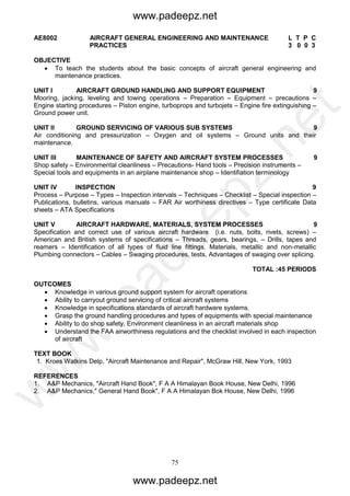 75
AE8002 AIRCRAFT GENERAL ENGINEERING AND MAINTENANCE L T P C
PRACTICES 3 0 0 3
OBJECTIVE
 To teach the students about the basic concepts of aircraft general engineering and
maintenance practices.
UNIT I AIRCRAFT GROUND HANDLING AND SUPPORT EQUIPMENT 9
Mooring, jacking, leveling and towing operations – Preparation – Equipment – precautions –
Engine starting procedures – Piston engine, turboprops and turbojets – Engine fire extinguishing –
Ground power unit.
UNIT II GROUND SERVICING OF VARIOUS SUB SYSTEMS 9
Air conditioning and pressurization – Oxygen and oil systems – Ground units and their
maintenance.
UNIT III MAINTENANCE OF SAFETY AND AIRCRAFT SYSTEM PROCESSES 9
Shop safety – Environmental cleanliness – Precautions- Hand tools – Precision instruments –
Special tools and equipments in an airplane maintenance shop – Identifiation terminology
UNIT IV INSPECTION 9
Process – Purpose – Types – Inspection intervals – Techniques – Checklist – Special inspection –
Publications, bulletins, various manuals – FAR Air worthiness directives – Type certificate Data
sheets – ATA Specifications
UNIT V AIRCRAFT HARDWARE, MATERIALS, SYSTEM PROCESSES 9
Specification and correct use of various aircraft hardware (i.e. nuts, bolts, rivets, screws) –
American and British systems of specifications – Threads, gears, bearings, – Drills, tapes and
reamers – Identification of all types of fluid line fittings. Materials, metallic and non-metallic
Plumbing connectors – Cables – Swaging procedures, tests, Advantages of swaging over splicing.
TOTAL :45 PERIODS
OUTCOMES
 Knowledge in various ground support system for aircraft operations
 Ability to carryout ground servicing of critical aircraft systems
 Knowledge in specifications standards of aircraft hardware systems.
 Grasp the ground handling procedures and types of equipments with special maintenance
 Ability to do shop safety, Environment cleanliness in an aircraft materials shop
 Understand the FAA airworthiness regulations and the checklist involved in each inspection
of aircraft
TEXT BOOK
1. Kroes Watkins Delp, "Aircraft Maintenance and Repair", McGraw Hill, New York, 1993
REFERENCES
1. A&P Mechanics, "Aircraft Hand Book", F A A Himalayan Book House, New Delhi, 1996
2. A&P Mechanics," General Hand Book", F A A Himalayan Bok House, New Delhi, 1996
www.padeepz.net
www.padeepz.net
w
w
w
.padeepz.net
 