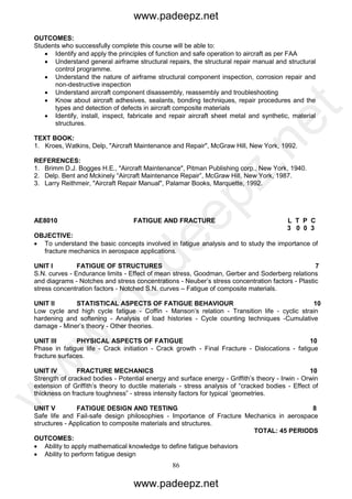 86
OUTCOMES:
Students who successfully complete this course will be able to:
 Identify and apply the principles of function and safe operation to aircraft as per FAA
 Understand general airframe structural repairs, the structural repair manual and structural
control programme.
 Understand the nature of airframe structural component inspection, corrosion repair and
non-destructive inspection
 Understand aircraft component disassembly, reassembly and troubleshooting
 Know about aircraft adhesives, sealants, bonding techniques, repair procedures and the
types and detection of defects in aircraft composite materials
 Identify, install, inspect, fabricate and repair aircraft sheet metal and synthetic, material
structures.
TEXT BOOK:
1. Kroes, Watkins, Delp, "Aircraft Maintenance and Repair", McGraw Hill, New York, 1992.
REFERENCES:
1. Brimm D.J. Bogges H.E., "Aircraft Maintenance", Pitman Publishing corp., New York, 1940.
2. Delp. Bent and Mckinely “Aircraft Maintenance Repair”, McGraw Hill, New York, 1987.
3. Larry Reithmeir, "Aircraft Repair Manual", Palamar Books, Marquette, 1992.
AE8010 FATIGUE AND FRACTURE L T P C
3 0 0 3
OBJECTIVE:
 To understand the basic concepts involved in fatigue analysis and to study the importance of
fracture mechanics in aerospace applications.
UNIT I FATIGUE OF STRUCTURES 7
S.N. curves - Endurance limits - Effect of mean stress, Goodman, Gerber and Soderberg relations
and diagrams - Notches and stress concentrations - Neuber’s stress concentration factors - Plastic
stress concentration factors - Notched S.N. curves – Fatigue of composite materials.
UNIT II STATISTICAL ASPECTS OF FATIGUE BEHAVIOUR 10
Low cycle and high cycle fatigue - Coffin - Manson’s relation - Transition life - cyclic strain
hardening and softening - Analysis of load histories - Cycle counting techniques -Cumulative
damage - Miner’s theory - Other theories.
UNIT III PHYSICAL ASPECTS OF FATIGUE 10
Phase in fatigue life - Crack initiation - Crack growth - Final Fracture - Dislocations - fatigue
fracture surfaces.
UNIT IV FRACTURE MECHANICS 10
Strength of cracked bodies - Potential energy and surface energy - Griffith’s theory - Irwin - Orwin
extension of Griffith’s theory to ductile materials - stress analysis of “cracked bodies - Effect of
thickness on fracture toughness” - stress intensity factors for typical ‘geometries.
UNIT V FATIGUE DESIGN AND TESTING 8
Safe life and Fail-safe design philosophies - Importance of Fracture Mechanics in aerospace
structures - Application to composite materials and structures.
TOTAL: 45 PERIODS
OUTCOMES:
 Ability to apply mathematical knowledge to define fatigue behaviors
 Ability to perform fatigue design
www.padeepz.net
www.padeepz.net
w
w
w
.padeepz.net
 