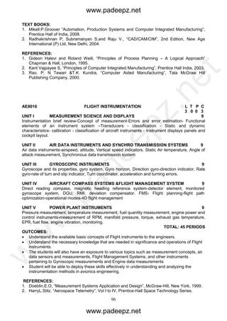 96
TEXT BOOKS:
1. Mikell.P.Groover “Automation, Production Systems and Computer Integrated Manufacturing”,
Prentice Hall of India, 2008.
2. Radhakrishnan P, Subramanyan S.and Raju V., “CAD/CAM/CIM”, 2nd Edition, New Age
International (P) Ltd, New Delhi, 2004.
REFERENCES:
1. Gideon Halevi and Roland Weill, “Principles of Process Planning – A Logical Approach”
Chapman & Hall, London, 1995.
2. Kant Vajpayee S, “Principles of Computer Integrated Manufacturing”, Prentice Hall India, 2003.
3. Rao. P, N Tewari &T.K. Kundra, “Computer Aided Manufacturing”, Tata McGraw Hill
Publishing Company, 2000.
AE8016 FLIGHT INSTRUMENTATION L T P C
3 0 0 3
UNIT I MEASUREMENT SCIENCE AND DISPLAYS 9
Instrumentation brief review-Concept of measurement-Errors and error estimation- Functional
elements of an instrument system –Transducers - classification - Static and dynamic
characteristics- calibration - classification of aircraft instruments - Instrument displays panels and
cockpit layout.
UNIT II AIR DATA INSTRUMENTS AND SYNCHRO TRANSMISSION SYSTEMS 9
Air data instruments-airspeed, altitude, Vertical speed indicators. Static Air temperature, Angle of
attack measurement, Synchronous data transmission system
UNIT III GYROSCOPIC INSTRUMENTS 9
Gyroscope and its properties, gyro system, Gyro horizon, Direction gyro-direction indicator, Rate
gyro-rate of turn and slip indicator, Turn coordinator, acceleration and turning errors.
UNIT IV AIRCRAFT COMPASS SYSTEMS &FLIGHT MANAGEMENT SYSTEM 9
Direct reading compass, magnetic heading reference system-detector element, monitored
gyroscope system, DGU, RMI, deviation compensator. FMS- Flight planning-flight path
optimization-operational modes-4D flight management
UNIT V POWER PLANT INSTRUMENTS 9
Pressure measurement, temperature measurement, fuel quantity measurement, engine power and
control instruments-measurement of RPM, manifold pressure, torque, exhaust gas temperature,
EPR, fuel flow, engine vibration, monitoring.
TOTAL: 45 PERIODS
OUTCOMES:
 Understand the available basic concepts of Flight instruments to the engineers.
 Understand the necessary knowledge that are needed in significance and operations of Flight
instruments.
 The students will also have an exposure to various topics such as measurement concepts, air
data sensors and measurements, Flight Management Systems, and other instruments
pertaining to Gyroscopic measurements and Engine data measurements
 Student will be able to deploy these skills effectively in understanding and analyzing the
instrumentation methods in avionics engineering.
REFERENCES:
1. Doeblin.E.O, “Measurement Systems Application and Design”, McGraw-Hill, New York, 1999.
2. HarryL.Stilz, “Aerospace Telemetry”, Vol I to IV, Prentice-Hall Space Technology Series.
www.padeepz.net
www.padeepz.net
w
w
w
.padeepz.net
 