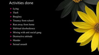 Activities done
 Lying
 Theft
 Burglary
 Truancy from school
 Run away from home
 Habitual disobedience
 Mixing with anti social gang
 Destructive attitude
 Murder
 Sexual assault
 