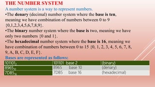 THE NUMBER SYSTEM
A number system is a way to represent numbers.
•The denary (decimal) number system where the base is ten,
meaning we have combination of numbers between 0 to 9
{0,1,2,3,4,5,6,7,8,9}.
•The binary number system where the base is two, meaning we have
only two numbers {0 and 1}.
•The hexadecimal number system where the base is 16, meaning we
have combination of numbers between 0 to 15 {0, 1, 2, 3, 4, 5, 6, 7, 8,
9, A, B, C, D, E, F}.
Bases are represented as follows:
1011012 101101 base 2 (binary)
896510
8965 base 10 (denary)
7DB516
7DB5 base 16 (hexadecimal)
 