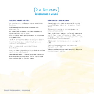 10 CARDÁPIO DE BRINQUEDOS E BRINCADEIRAS
0 a 3 meses
DESCOBRINDO O MUNDO
DESENVOLVIMENTO INFANTIL
•No primeiro m ês o bebê passa b o a parte do tempo
dormindo;
•Enxerga objetos e pessoas se estiverem b e m
próximas a ele;
•Do 2º a o 3º mês, o bebê já c o m e ç a a a c o m p a n h a r
objetos e pessoas c o m os olhos;
•Abre e fecha as mãos; Segura no dedo do adulto c o m
firmeza e pressão;
• Gosta de levar as m ã o s à b o c a para sugar e explorar;
•Reconhece e aprecia a voz d a m ãe, do pai e dos
cuidadores mais próximos;
•Chora para expressar suas necessidades e
desconfortos;
•Gosta de explorar os movimentos de seu próprio corpo
e ouvir os seus próprios sons;
• Movimenta a c a b e ç a e m direção a o s o m que escuta;
•Comunica-se através do choro, gestos, expressões e
sons. Produz o s o m de alg um as vogais.
BRINQUEDOS EBRINCADEIRAS
•Nesta fase é muito importante conversar e cantar
para o bebê para acalmá-lo e fortalecer o vínculo
afetivo;
•É importante respeitar os movimentos que ele
conseg ue fazer sozinho;
•Para deixá-lo mais seguro e confiante é importante
que ele fique e m u m colchonete no c h ã o e tenha
tempo para explorar seus próprios movimentos e sons.
Fique por perto e apenas observe;
•Objetos c o m movimento despertam a atenção do
bebê;
•Pendure fitas e objetos leves que possam ser
observados pelo bebê;
•Objetos que b a l a n ç a m e ficam suspensos são muito
interessantes para o bebê.
 