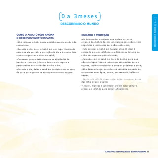 DESCOBRINDOOMUNDO0a1ano
CARDÁPIO DE BRINQUEDOS EBRINCADEIRAS 11
0 a 3 meses
DESCOBRINDO O MUNDO
COMO O ADULTO PODE APOIAR
O DESENVOLVIMENTO INFANTIL
•Não coloque o bebê n u m a posição que ele ainda n ã o
conquistou;
•Durante o dia, deixe o bebê e m u m lugar iluminado
para que ele perceba a variação do dia e d a noite. Isso
ajuda a organizar a rotina do bebê;
•Conversar c o m o bebê durante as atividades de
b a n h o e troca de fraldas o deixa mais seguro e
participativo nas atividades do dia a dia;
•Durante o dia, deixe o bebê e m contato c o m os sons
d a c a s a para que ele se acostume e se sinta seguro.
CUIDADO E PROTEÇÃO
•Os brinquedos e objetos que p o d e m estar a o
alcance dos bebês devem ser grandes para n ã o serem
engolidos e resistentes para n ã o quebrarem;
•Evite colocar o bebê e m lugares altos. O ideal é
coloca-lo e m u m colchonete, edredom ou tatame no
c h ã o para que ele possa brincar;
•Cuidado c o m o bebê n a hora do b a n h o para que
n ã o se afogue. Separe tudo o que vai precisar para a
higiene, toalha e vestuários e deixe-os próximos a você;
•Não deixe crianças sozinhas n a banheira ou perto de
recipientes c o m ág ua, como, por exemplo, baldes e
bacias;
•Banhos de sol são importantes e devem ocorrer antes
das 10h e depois das 16h;
•Lençóis, m antas e cobertores devem estar sempre
presos a o colchão para evitar sufocamento.
 