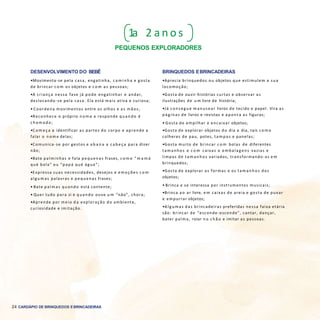 24 CARDÁPIO DE BRINQUEDOS EBRINCADEIRAS
1a 2 a n o s
PEQUENOS EXPLORADORES
BRINQUEDOS EBRINCADEIRAS
•Aprecia brinquedos ou objetos que estimulem a sua
locomoção;
•Gosta de ouvir histórias curtas e observar as
ilustrações de u m livre de história;
•Já conseg ue m anusear livros de tecido e papel. Vira as
pág inas de livros e revistas e aponta as figuras;
• Gosta de empilhar e encaixar objetos;
•Gosta de explorar objetos do dia a dia, tais c o m o
colheres de pau, potes, tam pas e panelas;
•Gosta muito de brincar c o m bolas de diferentes
tam anhos e c o m caixas e em balag ens vazias e
limpas de tam anhos variados, transformando-as e m
brinquedos;
•Gosta de explorar as formas e os tam anhos dos
objetos;
• Brinca e se interessa por instrumentos musicais;
•Brinca a o ar livre, e m caixas de areia e gosta de puxar
e empurrar objetos;
•A lg umas das brincadeiras preferidas nessa faixa etária
são: brincar de “esconde-esconde”, cantar, dançar,
bater palma, rolar no c h ã o e imitar as pessoas.
DESENVOLVIMENTO DO BEBÊ
•Movimenta-se pela casa, engatinha, c a m i n h a e gosta
de brincar c o m os objetos e c o m as pessoas;
•A criança nessa fase já pode engatinhar e andar,
deslocando-se pela casa. Ela está mais ativa e curiosa;
• Coordena movimentos entre os olhos e as mãos;
•Reconhece o próprio n o m e e responde quando é
c h a m a d a ;
•C o m e ç a a identificar as partes do corpo e aprende a
falar o n o m e delas;
•Comunica-se por gestos e a b a n a a c a b e ç a para dizer
não;
•Bate palminhas e fala pequenas frases, c o m o “ m a m á
qué bola” ou “papá qué água”;
•Expressa suas necessidades, desejos e em oções c o m
alg um as palavras e pequenas frases;
• Bate palm as quando está contente;
• Quer tudo para si e quando ouve u m “não”, chora;
•Aprende por meio d a exploração do ambiente,
curiosidade e imitação.
 