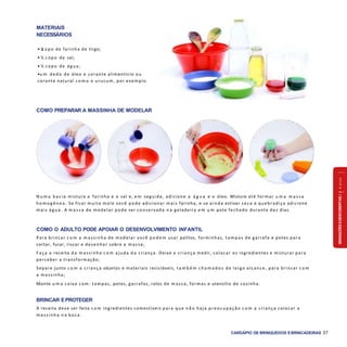 SENSAÇÕESEDESCOBERTAS2a4anos
CARDÁPIO DE BRINQUEDOS EBRINCADEIRAS 37
COMO PREPARAR A MASSINHA DE MODELAR
N u m a bacia misture a farinha e o sal e, e m seguida, adicione a á g u a e o óleo. Misture até formar u m a m a s s a
hom og ênea. Se ficar muito mole você pode adicionar mais farinha, e se ainda estiver seca e quebradiça adicione
mais ág ua. A m a s s a de modelar pode ser conservada n a geladeira e m u m pote fechado durante dez dias.
COMO O ADULTO PODE APOIAR O DESENVOLVIMENTO INFANTIL
Para brincar c o m a m assinha de modelar você p o d e m usar palitos, forminhas, tam pas de garrafa e potes para
cortar, furar, riscar e desenhar sobre a m assa;
F aça a receita d a m assinha c o m ajuda d a criança. Deixe a criança medir, colocar os ingredientes e misturar para
perceber a transformação;
Separe junto c o m a criança objetos e materiais recicláveis, t a m b é m c h a m a d o s de largo alcance, para brincar c o m
a massinha;
Monte u m a caixa com: tampas, potes, garrafas, rolos de m assa, formas e utensílio de cozinha.
BRINCAR EPROTEGER
A receita deve ser feita c o m ingredientes comestíveis para que n ã o haja preocupação c o m a criança colocar a
m assinha n a boca.
MATERIAIS
NECESSÁRIOS
• 1copo de farinha de trigo;
• ½ copo de sal;
• ½ copo de ág ua;
•u m dedo de óleo e corante alimentício ou
corante natural c o m o o urucum, por exemplo.
 