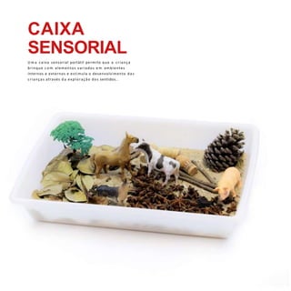 38 CARDÁPIO DE BRINQUEDOS EBRINCADEIRAS
CAIXA
SENSORIAL
U m a caixa sensorial portátil permite que a criança
brinque c o m elementos variados e m ambientes
internos e externos e estimula o desenvolvimento das
crianças através d a exploração dos sentidos..
 