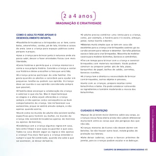 IMAGINAÇÃOECRIATIVIDADE4a6anos
CARDÁPIO DE BRINQUEDOS EBRINCADEIRAS 45
COMO O ADULTO PODE APOIAR O
DESENVOLVIMENTO INFANTIL
•Possibilite brincadeiras e brinquedos a o ar livre, c o m o
bolas, amarelinhas, cordas, pé de lata, triciclos e caixas
de areia. Leve a criança para espaços públicos c o m o
parques e praças;
•Leve a criança para brincar junto à natureza onde ela
possa subir, descer e fazer atividades físicas c o m mais
liberdade;
•Conte histórias e permita que a criança memorize e
conte a sua própria história. Convide a criança a contar
sua história e deixe-a escolher o livro que será lido;
•A criança precisa participar d a vida familiar. Ela
g osta q u a n d o os adultos a convidam para ajudar e m
p e q u e n a s tarefas ou p e d e m s u a opinião. A criança
deve ser ouvida e s u a opinião considerada sem pre
que possível;
•A família deve encorajar a colaboração d a criança
e valorizar o que ela faz. Mas é importante que
os elogios e o afeto sejam oferecidos à criança
sempre, e n ã o apenas c o m o consequência a o b o m
comportamento d a criança. Isto irá favorecer sua
autoestima, já que se sentirá a m a d a sempre, e n ã o
apenas quando acerta;
•Assim c o m o no m u n d o do adulto n ã o existem tarefas
específicas para h o m e m ou mulher, no m u n d o d a
criança n ã o existem brincadeiras apenas de meninos
ou apenas de meninas;
•Estabeleça c o m a criança alg um as regras e m casa,
tais c o m o limpar o que sujou ou guardar o que usou.
Todos n a c a s a devem seguir as regras e n ã o apenas
a criança! Fica mais fácil para a criança entender e
cumprir o que foi combinado, quando ela sabe o que
vai acontecer, se deixar de fazê-lo;
•O adulto precisa combinar u m a rotina para a criança,
como, por exemplo, o horário para ir à escola, almoçar,
jantar, tomar b a n h o e dormir;
•Materiais muito simples que se tem e m casa são
excelentes para a criança criar brinquedos caseiros: giz ou
carvão servem para rabiscar e desenhar. Garrafas plásticas
vazias e latas para criar brinquedos. Massinha de modelar
caseira para modelar bichinhos, bonecos e comidinhas;
•Tire u m tempo para brincar c o m a criança e construir
brinquedos c o m materiais recicláveis. Vocês p o d e m
construir ou preparar juntos: pés de lata, pipas,
barquinhos de papel, bolhas de sabão, carrinhos,
bonecos e aviões;
•A criança tem o direito e a necessidade de brincar
c o m brinquedos, outros objetos e pessoas;
•Junto c o m as crianças, prepare receitas c o m o
bolachinhas e bolos. Ela pode colaborar colocando
os ingredientes e t a m b é m m odelando a m a s s a das
bolachinhas.
2 a 4 anos
IMAGINAÇÃO E CRIATIVIDADE
CUIDADO E PROTEÇÃO
•Apesar de já terem maior domínio sobre seu corpo, as
crianças nessa faixa etária ainda n ã o s a b e m diferenciar
muito b e m entre as coisas que são perigosas das que
n ã o são;
•Crianças menores de 6 anos n ã o devem dormir e m
beliches. Se n ã o houver outro local, instale grades de
proteção nas laterais;
•Evite deixar cadeiras, c a m a s e banco s próximos de
janelas, pois as crianças p o d e m escalar e se debruçar.
 