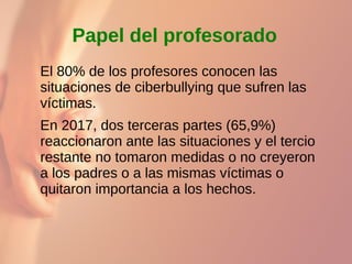 Papel del profesorado
El 80% de los profesores conocen las
situaciones de ciberbullying que sufren las
víctimas.
En 2017, dos terceras partes (65,9%)
reaccionaron ante las situaciones y el tercio
restante no tomaron medidas o no creyeron
a los padres o a las mismas víctimas o
quitaron importancia a los hechos.
 
