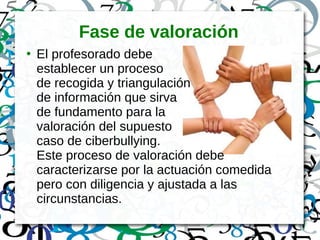 Fase de valoración
●
El profesorado debe
establecer un proceso
de recogida y triangulación
de información que sirva
de fundamento para la
valoración del supuesto
caso de ciberbullying.
Este proceso de valoración debe
caracterizarse por la actuación comedida
pero con diligencia y ajustada a las
circunstancias.
 