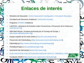 Enlaces de interés
●
Ministerio de Educación. Centro Nacional de Investigación e Innovación Educativa.
●
Consejería de Educación Andalucía. Convivencia Escolar.
●
Programa CONRED Andalucía.
●
LAECOVI, Laboratorio de Estudios sobre Convivencia y Prevención de la Violencia (
www.laecovi.es).
●
Wild Web Woods. Iniciativa promovida por el Consejo de Europa. (
http://www.wildwebwoods.org)
●
Equipo español de EU Kids Online (www.ehu.es/eukidsonline).
●
Prevención del Ciberbullyng, (http://www.prevencionciberbullying.com/).
●
Ciberbullyng (https://www.ciberbullying.com/cyberbullying/)
●
PantallasAmigas (www.pantallasamigas.net).
●
Asociación de Internautas (www.internautas.org)
●
GUÍA PROTOCOLO DE ACTUACIÓN ESCOLAR ANTE EL CIBERBULLYING
●
Fundación ANAR (https://www.anar.org/estudio-ciberbullying/)
 