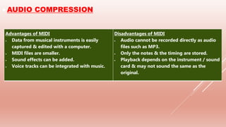 AUDIO COMPRESSION
Advantages of MIDI
 Data from musical instruments is easily
captured & edited with a computer.
 MIDI files are smaller.
 Sound effects can be added.
 Voice tracks can be integrated with music.
Disadvantages of MIDI
 Audio cannot be recorded directly as audio
files such as MP3.
 Only the notes & the timing are stored.
 Playback depends on the instrument / sound
card & may not sound the same as the
original.
 