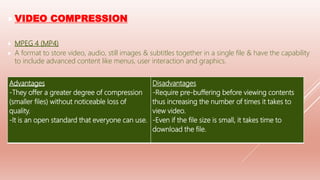 VIDEO COMPRESSION
 MPEG 4 (MP4)
 A format to store video, audio, still images & subtitles together in a single file & have the capability
to include advanced content like menus, user interaction and graphics.
Advantages
-They offer a greater degree of compression
(smaller files) without noticeable loss of
quality.
-It is an open standard that everyone can use.
Disadvantages
-Require pre-buffering before viewing contents
thus increasing the number of times it takes to
view video.
-Even if the file size is small, it takes time to
download the file.
 