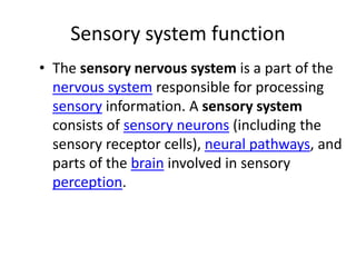 Sensory system function
• The sensory nervous system is a part of the
nervous system responsible for processing
sensory information. A sensory system
consists of sensory neurons (including the
sensory receptor cells), neural pathways, and
parts of the brain involved in sensory
perception.
 