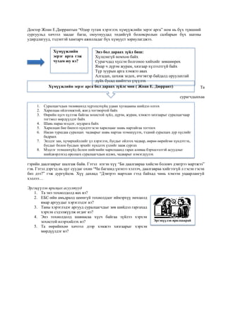 Доктор Жоан Е.Дюррантын “Өдөр тутам хэрэглэх хүмүүжлийн эерэг арга” ном нь бүх түвшний
сургуульд хичээл заадаг багш, оюутнуудад төдийгүй боловсролын салбарын бүх шатны
удирдлагууд, тэдэнтэй хамтарч ажилладаг бүх хүмүүст зориулагджээ.
Та
сурагчдынхаа
гэрийн даалгаврыг шалгаж байв. Гэтэл нэгэн хүү “Би даалгавраа хийсэн боловч дэвтрээ мартжээ”
гэв. Гэтэл дэргэд нь цуг суудаг охин “Чи багшид үнэнээ хэлээч, даалгавраа хийгээгүй л гэсэн гэсэн
биз дээ?” гэж дургүйцэв. Хүү дахиад “Дэвтрээ мартсан гээд байхад чинь хэмээн уцаарлангуй
хэллээ…
Эргэцүүлэн ярилцах асуултууд
1. Та энэ тохиолдолд яах вэ?
2. ЕБС-ийн амьдралд цөөнгүй тохиолддог иймэрхүү нөхцөлд
ямар аргуудыг хэрэглэдэг вэ?
3. Таны хэрэглэдэг аргууд суралцагчдыг зөв шийдэл гаргахад
хэрхэн сэдэлжүүлж өгдөг вэ?
4. Энэ тохиолдолд шавиасаа хүсч байгаа зүйлээ хэрхэн
зохистой илэрхийлэх вэ?
5. Та өөрийнхөө хичээл дээр хэмжээ хязгаарыг хэрхэн
мөрдүүлдэг вэ?
Хүмүүжлийн
эерэг арга гэж
чухам юу вэ?
Энэ бол дараах зүйл биш:
Хүлцэнгүй номхон байх
Сурагчдад хүссэн болгоноо хийхийг зөвшөөрөх
Ямар ч дүрэм журам, хязгаар хүлээлтгүй байх
Түр зуурын арга хэмжээ авах
Алгадах, цохиж зодох, ичгэвтэр байдалд оруулахтай
дүйх бусад шийтгэл үзүүлэх
Хүмүүжлийн эерэг арга бол дараах зүйлс мөн ( Жоан Е. Дюррант)
1. Суралцагчдын төлөвшилд хүрэлцэхүйц удаан хугацааны шийдэл олгох
2. Харилцаа ойлгомжтой, жигд тогтвортой байх
3. Өөрийн хүсч хүлээж байгаа зохистой зүйл, дүрэм, журам, хэмжээ хязгаарыг суралцагчаар
тогтмол мөрдүүлдэг байх
4. Шавь нараа мэддэг, шудрага байх
5. Харилцан бие биенээ хүндэтгэсэн харилцааг шавь нартайгаа тогтоох
6. Насан туршдаа суралцах чадварыг шавь нартаа эзэмшүүлэх, тэдний суралцах дур хүслийг
бадраах
7. Эелдэг зан, хүчирхийллийг үл хэрэглэх, бусдыг ойлгох чадвар, өөрөө өөрийгөө хүндэтгэх,
бусдыг болон бусдын эрхийг хүндлэх үзлийг зааж сургах
8. Мэдлэг эзэмшихүйд болон нийгмийн харилцаанд гарах аливаа бэрхшээлтэй асуудлыг
шийдвэрлэхэд оролцох суралцагчдын идэвх, чадварыг нэмэгдүүлэх
Эргэцүүлэн ярилцаарай
 