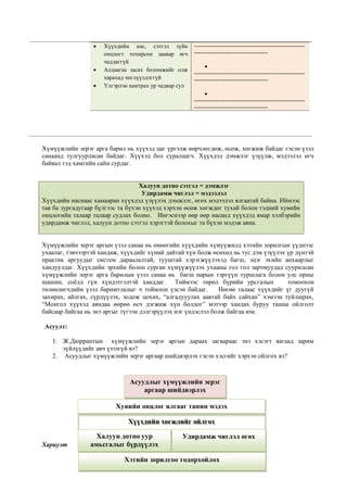  Хүүхдийн нас, сэтгэл зүйн
онцлогт тохирсон заавар өгч
чаддаггүй
 Алдаагаа засах боломжийг олж
харахад чиглүүлдэггүй
 Үлгэрлэн хамтрах ур чадвар сул
---------------------------------------------------------
--------------------------------------

---------------------------------------------------------
--------------------------------------

---------------------------------------------------------
--------------------------------------
Хүмүүжлийн эерэг арга барил нь хүүхэд цаг үргэлж өөрчлөгдөж, өсөж, хөгжиж байдаг гэсэн үзэл
санаанд тулгуурласан байдаг. Хүүхэд бол суралцагч. Хүүхдэд дэмжлэг үзүүлж, мэдээлэл өгч
байвал тэд хамгийн сайн сурдаг.
Халуун дотно сэтгэл = дэмжлэг
Удирдамж чиглэл = мэдээлэл
Хүүхдийн наснаас хамааран хүүхдэд үзүүлэх дэмжлэг, өгөх мэдээлэл ялгаатай байна. Иймээс
тав ба зургадугаар бүлгээс та бүхэн хүүхэд хэрхэн өсөж хөгждөг тухай болон тэдний хувийн
онцлогийн талаар талаар судлах болно. Ингэснээр өөр өөр насанд хүүхдэд ямар хэлбэрийн
удирдамж чиглэл, халуун дотно сэтгэл хэрэгтэй болохыг та бүхэн мэдэж авна.
Хүмүүжлийн эерэг аргын үзэл санаа нь өнөөгийн хүүхдийн хүмүүжилд хэтийн зорилгын үүднээс
ухаалаг, тэвчээртэй хандаж, хүүхдийг хүний дайтай хүн болж өсөхөд нь тус дэм үзүүлэх үр дүнтэй
практик аргуудыг систем дараалалтай, тууштай хэрэгжүүлэхэд багш, эцэг эхийн анхаарлыг
хандуулдаг. Хүүхдийн эрхийн болон сурган хүмүүжүүлэх ухааны гол гол зарчмуудад суурилсан
хүмүүжлийн эерэг арга барилын үзэл санаа нь багш нарын тэргүүн туршлага болон улс орны
шашин, соёлд гүн хүндэтгэлтэй ханддаг. Тиймээс төрөл бүрийн урсгалын томоохон
төлөөлөгчдийн үзэл баримтлалыг ч тоймлон үзсэн байдаг. Нөгөө талаас хүүхдийг үг дуугүй
захирах, айлгах, сүрдүүлэх, зодож цохих, “алгадууулах аавтай байх сайхан” хэмээн туйлшрах,
“Монгол хүүхэд аяндаа өөрөө өсч дэгжиж хүн болдог” мэтээр хандах буруу ташаа ойлголт
байсаар байгаа нь энэ аргыг түгээн дэлгэрүүлэх нэг үндэслэл болж байгаа юм.
Асуулт:
1. Ж.Дюррантын хүмүүжлийн эерэг аргын дараах загвараас энэ хэсэгт яагаад зарим
зүйлүүдийг авч үзээгүй вэ?
2. Асуудлыг хүмүүжлийн эерэг аргаар шийдвэрлэх гэсэн хэсгийг хэрхэн ойлгох вэ?
Хариулт
Асуудлыг хүмүүжлийн эерэг
аргаар шийдвэрлэх
Хувийн онцлог ялгааг танин мэдэх
Хүүхдийн хөгжлийг ойлгох
Халуун дотно уур
амьсгалыг бүрдүүлэх
Удирдамж чиглэл өгөх
Хэтийн зорилгоо тодорхойлох
 