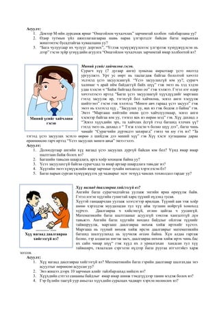 Асуулт:
1. Доктор М-ийн дурсамж яриаг “Онцгойлон чухалчлах” зарчимтай холбон тайлбарлана уу?
2. Өдөр тутмын үйл ажиллагаагаараа шавь нараа үлгэрлэдэг байсан багш нарынхаа
жишээнээс бусадтайгаа хуваалцана уу?
3. “Бага чулуугаар их чулууг доргиох”, “Үглэж хүмүүжүүлснээс үлгэрлэж хүмүүжүүлсэн нь
дээр” гэсэн зүйр үгнүүдийн агуулга “Онцгойлон чухалчлах зарчимтай ямар холбоотой вэ?
Миний үсийг хайчилна гэсэн.
Сурагч хүү (7 дугаар анги) зуныхаа амралтаар үсээ нилээд
ургуулжээ. Урт ус өөрт нь таалагдаж байгаа бололтой хичээл
эхлэхэд үсээ засуулсангүй. “Үсээ засуулахгүй юм уу?, сурагч
халимаг ч арай ийм байдаггүй байх шүү” гэж эмээ нь хэд хэдэн
удаа хэлсэн ч “Байж байгаад болно оо” гэж хэлжээ. Гэтэл нэг өдөр
хичээлээсээ ирээд “Багш үсээ засуулаагүй хүүхдүүдийг маргааш
гэхэд засуулж ир, тэгэхгүй бол хайчилна, эсвэл анги хэсүүлж
шийтгэнэ” гэсэн гэж хэлэхэд “Мөнгө авч гараад үсээ засуул” гэж
эмээ нь хэлэхэд хүү , “Засуулах уу, яах вэ гэж бодож л байна” гэв.
Эмээ “Маргааш нийтийн өмнө үсээ хайчлуулмаар, эсвэл анги
хэсмээр байгаа юм уу, тэгвэл яах вэ өөрөө мэд” гэв. Хүү дахиад л
“Эсвэл хүүхдийн эрх, та хайчлах ёсгүй гээд багшид хэлчих үү?
гэхэд эмээ нь дахиад л “ Тэгж хэлсэн ч болно шүү дээ”, багш чинь
чамайг “Сурагчийн дүрэмдээ захирагд” гэвэл чи юу гэх вэ? “За
тэгээд үсээ засуулах эсэхээ өөрөө л шийдэж дээ миний хүү” гэв Хүү хэсэг хугацааны дараа
өрөөнөөсөө гарч ирээд “Үсээ засуулах мөнгө авъя” эмээ гэлээ.
Асуулт:
1. Долоодугаар ангийн хүү яагаад үсээ засуулах дургүй байсан юм бол? Үүнд ямар ямар
шалтгаан байж болох вэ?
2. Багшийн тавьсан шаардлага, арга хоёр зохицож байна уу?
3. Үсээ засуулахгүй байгаа сурагчдад та ямар аргаар шаардлага тавьдаг вэ?
4. Хүүгийн эмээ хүмүүжлийн ямар зарчмыг тухайн нөхцөлд хэрэглэсэн бэ?
5. Багш нарын сурган хүмүүжүүлэх ур чадварыг эцэг эхчүүд чамлах тохиолдол гардаг уу?
Хүү яагаад даалгавраа хийгээгүй вэ?
Ангийн багш сурагчидтайгаа уулзаж энгийн яриа өрнүүлж байв.
Гэтэл нэгэн хүүгийн гунигтай харц түүний нүдэнд тусав.
Хүүтэй ганцаарчлан уулзаж элэгсэгээр ярилцав. Түүний аав ээж хоёр
шөнө хэрэлдэж муудалцсан тул хүү айж түгшин нойргүй хоноход
хүрчээ. Даалгавраа ч хийсэнгүй, өглөө цайгаа ч уусангүй.
Математикийн багш шалтгааныг асуулгүй зэмлэж хангалтгүй дүн
тавьжээ. Ангийн багш хүүгийн нөхцөл байдлыг ойлгож түүнийг
тайвшруулж, маргааш даалгавраа нөхөж хийж ирэхийг хүсчээ.
Маргааш нь түүний нөхөж хийж ирсэн даалгаврыг математикийн
багшид шалгуулахад нь зуучилж өгсөн байна. Хүн алдаа гаргаж
болно, тэр алдаагаа ингэж засч, даалгавраа нөхөж хийж ирэх чинь бас
их сайн чанар шүү“ гэж хүүд их л уриалгахан хандсан тул хүү
тайвширч, гялалзсан сэргэлэн нүдээр багш руугаа итгэлтэйеэ харж
зогсов.
Асуулт:
1. Хүү яагаад даалгавраа хийгээгүй вэ? Математикийн багш гэрийн даалгавар шалгахдаа энэ
асуултыг өөрөөсөө асуусан уу?
2. Энэ жишээ дээрх 10 зарчмын алийг тайлбарлахад нийцэх вэ?
3. Хүүхдийн сэтгэл санааны байдлыг ямар ямар шинж тэмдгүүдээр танин мэдэж болох вэ?
4. Гэр бүлийн таагүй уур амьсгал хүүхдийн суралцах чадварт хэрхэн нөлөөлөх вэ?
Миний үсийг хайчлана
гэсэн
Хүү яагаад даалгавраа
хийгээгүй вэ?
 