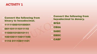  Convert the following from
binary to hexadecimal.
 1111100010100001
 001101111011110
 110001010010111
 1001001110011100
 1110 01110011101
 Convert the following from
hexadecimal to denary.
 BFA9
 CB8A
 9ABC
 EBDC
 CABF
ACTIVITY 1
 