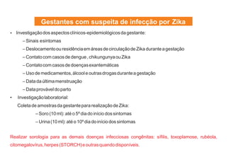 Gestantes com suspeita de infecção por Zika
 Investigaçãodosaspectosclínicos-epidemiológicosda gestante:
– Sinais esintom...