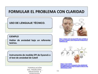 FORMULAR EL PROBLEMA CON CLARIDAD
USO DE LENGUAJE TÉCNICO.
EJEMPLO
Hablar de ansiedad bajo un referente
teórico.
Instrumento de medida EPI de Eysenck o
el test de ansiedad de Catell
http://clasev.net/v2/pluginfile.php/27658/m
od_book/chapter/334/Organizar%20hip%C3
%B3tesis.jpg
https://encrypted-
tbn0.gstatic.com/images?q=tbn:ANd9GcRX
PpVSBCVw836rqC34aC7Cx5pG7v1Mg7ov79q
OWC0CZQuL1W1kFORMULACIÓN
DEL PROBLEMA ,
OBJETIVOS E
11
 