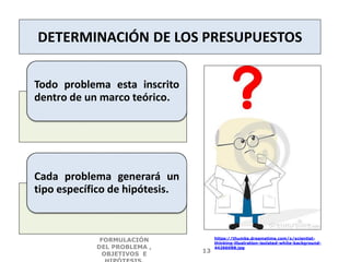 DETERMINACIÓN DE LOS PRESUPUESTOS
Todo problema esta inscrito
dentro de un marco teórico.
Cada problema generará un
tipo específico de hipótesis.
https://thumbs.dreamstime.com/x/scientist-
thinking-illustration-isolated-white-background-
44266088.jpg
FORMULACIÓN
DEL PROBLEMA ,
OBJETIVOS E
13
 