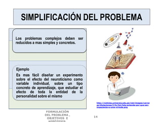 SIMPLIFICACIÓN DEL PROBLEMA
Los problemas complejos deben ser
reducidos a mas simples y concretos.
Ejemplo
Es mas fácil diseñar un experimento
sobre el efecto del neuroticismo como
variable individual, sobre un tipo
concreto de aprendizaje, que estudiar el
efecto de toda la entidad de la
personalidad sobre el mismo
http://noticias.universia.edu.pe/net/images/carrer
as-titulaciones/f/fo/fot/foto-entenda-por-que-ser-
impaciente-e-uma-virtude.png
FORMULACIÓN
DEL PROBLEMA ,
OBJETIVOS E
14
 