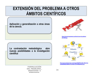EXTENSIÓN DEL PROBLEMA A OTROS
ÁMBITOS CIENTÍFICOS
Aplicación y generalización a otras áreas
de la ciencia.
La contrastación metodológica abre
nuevas posibilidades a la investigación
científica
https://thumbs.dreamstime.com/t/solucionar-el-problema-
24513909.jpg
http://userscontent2.emaze.com/images/0bd9074e-d6dc-428e-a7aa-
cae948080689/c999ff5e-91cb-4865-b138-3b4f88ebdbc0.png
FORMULACIÓN
DEL PROBLEMA ,
OBJETIVOS E
16
 