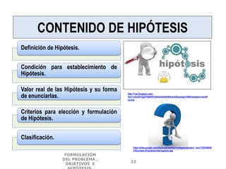 CONTENIDO DE HIPÓTESIS
Definición de Hipótesis.
Condición para establecimiento de
Hipótesis.
Valor real de las Hipótesis y su forma
de enunciarlas.
Criterios para elección y formulación
de Hipótesis.
Clasificación.
http://1.bp.blogspot.com/-
IVp7rvJIcmE/UjqZYNd93PI/AAAAAAAAAK4/stuAZkyavbg/s1600/hipotesis+cientifi
ca.png
https://sites.google.com/site/fundamentosinvestigacionjmpsv/_/rsrc/1355340440
379/unidad-3/hipotesis/interrogacion.jpg
FORMULACIÓN
DEL PROBLEMA ,
OBJETIVOS E
22
 
