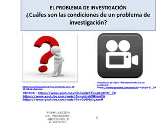 https://cuentoscuanticos.files.wordpress.com/20
15/02/la-idea1.jpg
EL PROBLEMA DE INVESTIGACIÓN
¿Cuáles son las condiciones de un problema de
investigación?
Visualizan el video “Planteamiento de un
problema”
https://www.youtube.com/watch?v=giLgtF21_78
FORMULACIÓN
DEL PROBLEMA ,
OBJETIVOS E
3
VIDEOS : https://www.youtube.com/watch?v=giLgtF21_78
https://www.youtube.com/watch?v=aoUebWHemFA
https://www.youtube.com/watch?v=Ce9McDgzasM
 