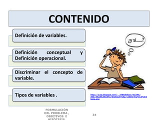 CONTENIDO
Definición de variables.
Definición conceptual y
Definición operacional.
Discriminar el concepto de
variable.
Tipos de variables . http://1.bp.blogspot.com/-_378txBAozo/VL7jNL-
JRlI/AAAAAAAAAYg/0t1XGoXYoEg/s1600/hip%C3%B3
tesis.png
FORMULACIÓN
DEL PROBLEMA ,
OBJETIVOS E
34
 