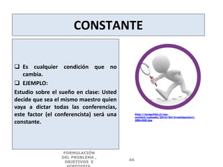 CONSTANTE
 Es cualquier condición que no
cambia.
 EJEMPLO:
Estudio sobre el sueño en clase: Usted
decide que sea el mismo maestro quien
vaya a dictar todas las conferencias,
este factor (el conferencista) será una
constante.
http://anegchile.cl/wp-
content/uploads/2014/04/investigacion1-
289x300.jpg
FORMULACIÓN
DEL PROBLEMA ,
OBJETIVOS E
46
 