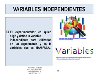VARIABLES INDEPENDIENTES
 El experimentador es quien
elige y define la variable
independiente para utilizarlos
en un experimento y es la
variables que se MANIPULA..
https://www.lifeder.com/wp-content/uploads/2017/05/variables-
dependiente-independiente.png
https://2.bp.blogspot.com/-k4p9OvI4bj0/V12o0hL1hbI/AAAAAAAABHg/-Kt8qcOT-
_YP1osTmA3yQb5t8sXD1silwCLcB/s1600/variables.gif
FORMULACIÓN
DEL PROBLEMA ,
OBJETIVOS E
48
 