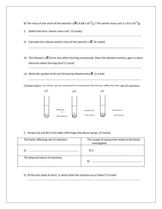 B) The mass of one atom of the element 20xis 6.68 x 10-23
g. ( The atomic mass unit is 1.67 x 10-24
g)
i) Define the term ‘atomic mass unit’. (2 marks)
……………………………………………………………………………………………………………………………………………………
ii) Calculate the relative atomic mass of the element 20x. (2 marks)
……………………………………………………………………………………………………………………………………………………..
iii) The element 20xforms ions when forming compounds. Does this element remove, gain or share
electrons when forming ions? (1 mark)
……………………………………………………………………………………………………………………………………………………
iv) Write the symbol of the ion formed by theelement20x. (1 mark)
……………………………………………………………………………………………………………………………………………………
C) Given below are three setups prepared to investigate the factors affecting the rate of reactions.
i) Answer (a) and (b) in the table referringto the above setups. (2 marks)
The factor affecting rate of reactions The couple of setups that relate to the factor
investigated
a) ……………………………………………………………….. B, C
The physical nature of reactants.
b) ………………………………………………………………..
ii) Of the test tubes B and C, in which does the reaction occur faster? (1 mark)
……………………………………………………………………………………………………………………………………………………
DiluteHCl 20
ml
CaCO3 powder 5g
DiluteHCl 20 ml DiluteHCl 20 ml
CaCO3 chips 5g CaCO3 chips 5g
 