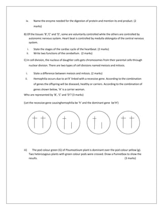 iv. Name the enzyme needed for the digestion of protein and mention its end product. (2
marks)
B) Of the tissues ‘B’,‘C’ and ‘D’, some are voluntarily controlled while the others are controlled by
autonomic nervous system. Heart beat is controlled by medulla oblongata of the central nervous
system.
i. State the stages of the cardiac cycle of the heartbeat. (2 marks)
ii. Write two functions of the cerebellum. (2 marks)
C) In cell division, the nucleus of daughter cells gets chromosomes from their parental cells through
nuclear division. There are two types of cell divisions named meiosis and mitosis.
i. State a difference between meiosis and mitosis. (2 marks)
ii. Hemophilia occurs due to an‘X’ linked with a recessive gene. According to the combination
of genes the offspring will be diseased, healthy or carriers. According to the combination of
genes shown below, ‘A’ is a carrier woman.
Who are represented by ‘B’, ‘C’ and ‘D’? (3 marks)
(Let the recessive gene causinghemophilia be ‘h’ and the dominant gene be‘H’)
iii) The pod colour green (G) of Pisumsativum plant is dominant over the pod colour yellow (g).
Two heterozygous plants with green colour pods were crossed. Draw a Punnetbox to show the
results. (3 marks)
A B C D
H h
x x
H H
x x
h
x y
H
x y
 