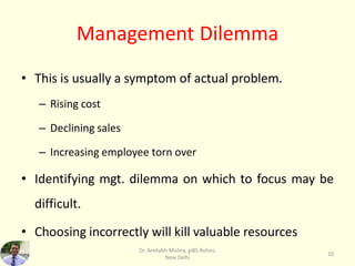 Management Dilemma
• This is usually a symptom of actual problem.
– Rising cost
– Declining sales
– Increasing employee torn over
• Identifying mgt. dilemma on which to focus may be
difficult.
• Choosing incorrectly will kill valuable resources
Dr. Amitabh Mishra, giBS Rohini,
New Delhi
10
 