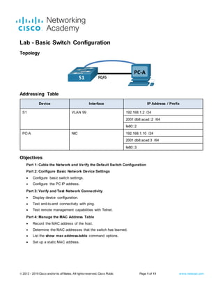 © 2013 - 2019 Cisco and/or its affiliates. Allrights reserved. Cisco Public Page 1 of 11 www.netacad.com
Lab - Basic Switch Configuration
Topology
Addressing Table
Device Interface IP Address / Prefix
S1 VLAN 99 192.168.1.2 /24
S1 VLAN 99
2001:db8:acad::2 /64
S1 VLAN 99
fe80::2
PC-A NIC 192.168.1.10 /24
PC-A NIC
2001:db8:acad:3 /64
PC-A NIC
fe80::3
Objectives
Part 1: Cable the Network and Verify the Default Switch Configuration
Part 2: Configure Basic Network Device Settings
• Configure basic switch settings.
• Configure the PC IP address.
Part 3: Verify and Test Network Connectivity
• Display device configuration.
• Test end-to-end connectivity with ping.
• Test remote management capabilities with Telnet.
Part 4: Manage the MAC Address Table
• Record the MAC address of the host.
• Determine the MAC addresses that the switch has learned.
• List the show mac address-table command options.
• Set up a static MAC address.
 