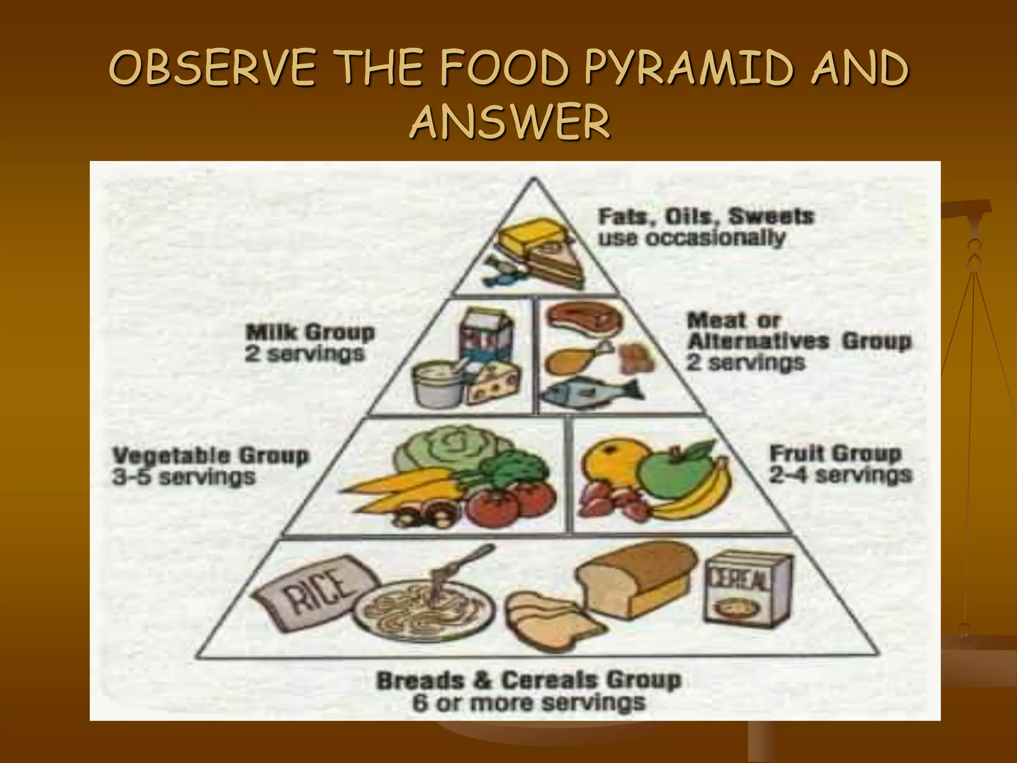 OBSERVE THE FOOD PYRAMID AND
ANSWER
 
