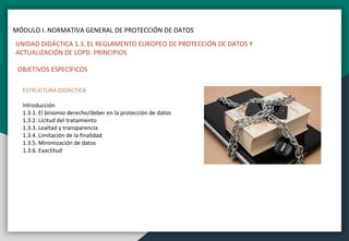 MÓDULO I. NORMATIVA GENERAL DE PROTECCIÓN DE DATOS
UNIDAD DIDÁCTICA 1.3. EL REGLAMENTO EUROPEO DE PROTECCIÓN DE DATOS Y
ACTUALIZACIÓN DE LOPD. PRINCIPIOS
OBJETIVOS ESPECÍFICOS
ESTRUCTURA DIDÁCTICA
Introducción
1.3.1. El binomio derecho/deber en la protección de datos
1.3.2. Licitud del tratamiento
1.3.3. Lealtad y transparencia
1.3.4. Limitación de la finalidad
1.3.5. Minimización de datos
1.3.6. Exactitud
 