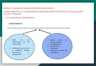 MÓDULO I. NORMATIVA GENERAL DE PROTECCIÓN DE DATOS
UNIDAD DIDÁCTICA 1.3. EL REGLAMENTO EUROPEO DE PROTECCIÓN DE DATOS Y ACTUALIZACIÓN
DE LOPD. PRINCIPIOS
1.3.1 LICITACIÓN DEL TRATAMIENTO
CONSENTIMIENTO
-El interesado afirma o declara el consentimiento del tratamiento de sus datos personales.
 Debe de ser
demostrada por el
responsable
 Declaración por escrito
o mediante medios
electrónicos o
verbalmente
 Puede retirar el
consentimiento.
 Sin dificultades.
 Previamente
informado.
 Continúa la licitud del
tratamiento.
 