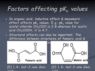 Factors affecting pKa values
In organic acid, inductive effect & mesomeric
effect affects pKa values. E.g. pKa value for
acetyl chloride CH3COCl is 2.8 whereas for acetic
acid CH3COOH, it is 4.7.
Structural effects can also be important. The
difference between structures of fumaric acid &
maleic acid is a classic example.
Fumaric acid Maleic acid
(E) 1,4- but-2-ene dioic (Z) 1,4- but-2-ene dioic
 