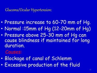 Glucoma/Ocular Hypertension:
• Pressure increase to 60-70 mm of Hg.
• Normal :15mm of Hg (12-20mm of Hg)
• Pressure above 25-30 mm of Hg can
cause blindness if maintained for long
duration.
Causes:
• Blockage of canal of Schlemm
• Excessive production of the fluid
31
 
