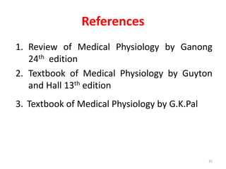 References
1. Review of Medical Physiology by Ganong
24th edition
2. Textbook of Medical Physiology by Guyton
and Hall 13th edition
3. Textbook of Medical Physiology by G.K.Pal
35
 