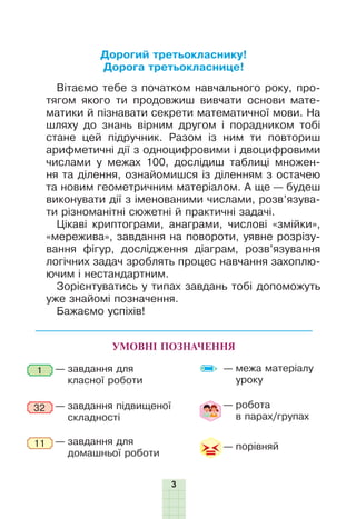 3
УМОВНІ ПОЗНАЧЕННЯ
— завдання для
класної роботи
— завдання підвищеної
складності
— завдання для
домашньої роботи
1
11
32 — робота
в парах/групах
— межа матеріалу
уроку
— порівняй
Дорогий третьокласнику!
Дорога третьокласнице!
Вітаємо тебе з початком навчального року, про-
тягом якого ти продовжиш вивчати основи мате-
матики й пізнавати секрети математичної мови. На
шляху до знань вірним другом і порадником тобі
стане цей підручник. Разом із ним ти повториш
арифметичні дії з одноцифровими і двоцифровими
числами у межах 100, дослідиш таблиці множен-
ня та ділення, ознайомишся із діленням з остачею
та новим геометричним матеріалом. А ще — будеш
виконувати дії з іменованими числами, розв’язува-
ти різноманітні сюжетні й практичні задачі.
Цікаві криптограми, анаграми, числові «змійки»,
«мережива», завдання на повороти, уявне розрізу-
вання фігур, дослідження діаграм, розв’язування
логічних задач зроблять процес навчання захоплю-
ючим і нестандартним.
Зорієнтуватись у типах завдань тобі допоможуть
уже знайомі позначення.
Бажаємо успіхів!
 