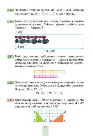 41
Пригадай таблиці множення на 2 і на 3. Запиши
всі рівності виду 2• = 3• з цих таблиць.
239
Запиши кожне число у вигляді суми доданків, один
із яких ділиться на 3 без остачі, а другий є остачею.
Зразок. 28 = 27 + 1
19, 25, 8, 29, 13, 17.
242
Татів слід умовно зобразили трьома помаранче-
вими клітинками, а Катрусин — двома рожевими.
Запиши рівності на ділення з остачею за схема-
тичними малюнками.
241
Тато і Катруся пройшли «ліліпутськими» кроками
однакову відстань. Скільки кроків зробив тато
і скільки — Катруся?
240
2 дм
3 дм
1 м 8 дм
À
B C
M
N K
Трикутники ABC i KMN вирізали з картону. Чи
можна їх сумістити, накладаючи вершини А і Ê?
вершини А і М? вершини А і N?
243
 